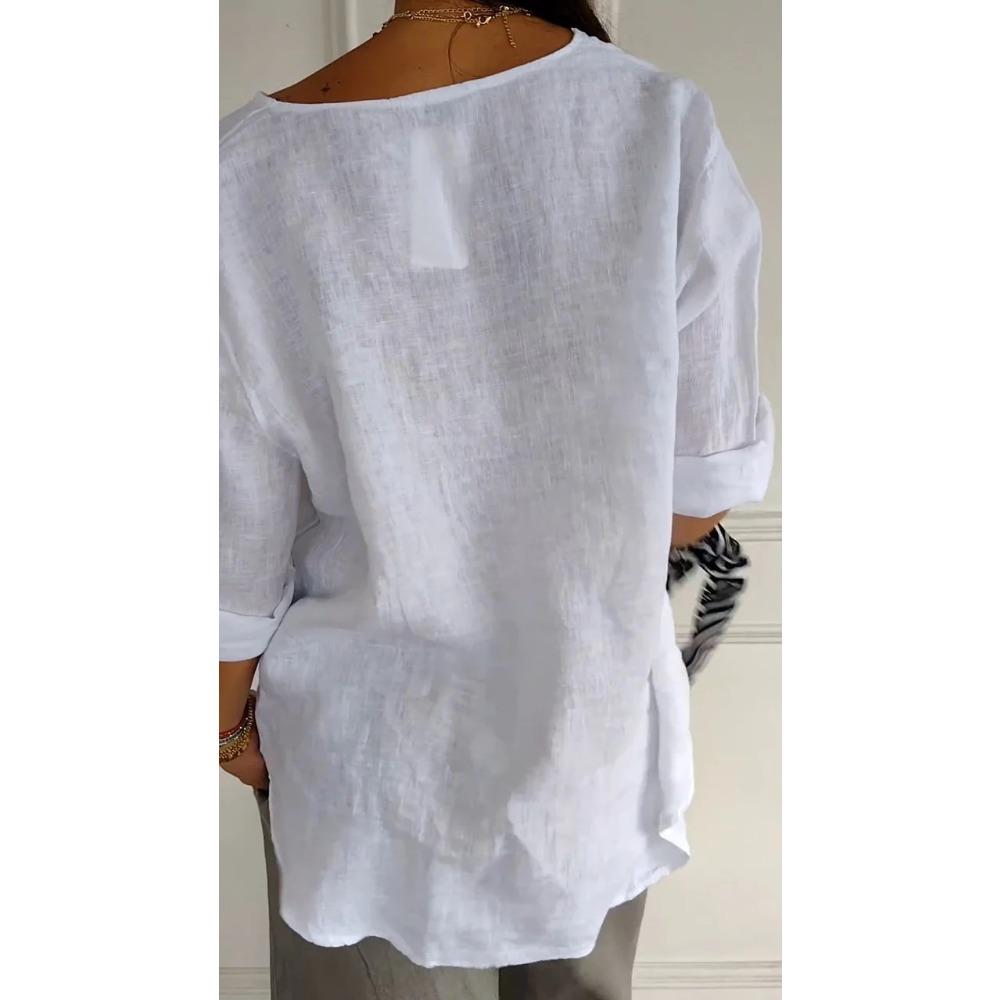 Vară Nou Tricou Larg Dama Gât în V Bumbac Cânepă Top cu Nasturi