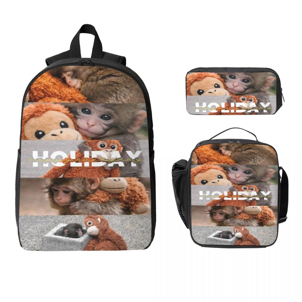 Baby Punch Monkey, Viral Monkey Kids Backpack Lunch Box Pen Bags for Boys Girls Backpacks Kawaii Schoolbag Bookbag Set