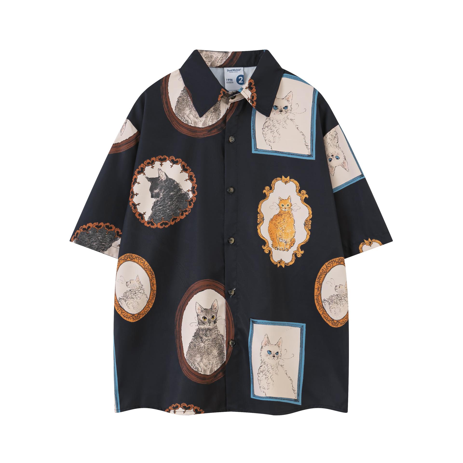 

Летняя ретро-рубашка с принтом мультяшного кота в японском стиле для мужчин, повседневная свободная рубашка с коротким рукавом, блузки, свободная рубашка для мужчин XL чёрный