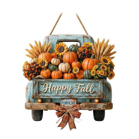 Rustic Pumpkin Truck Door Ornament Harvest Hanging Sign for Front Door, Wooden Fall with Distressed Wood Hemp Rope, Farmhouse Welcome Sign,