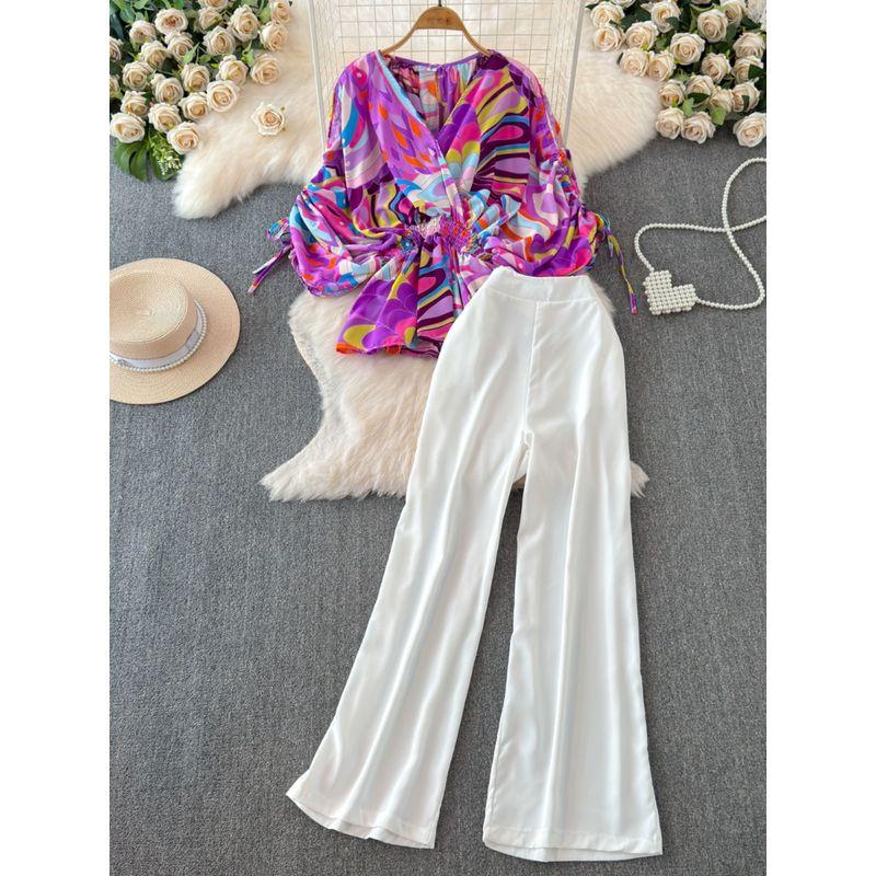 Fashion Short Sleeve V Neck Waist-Tight Straight-leg Fashion Suit