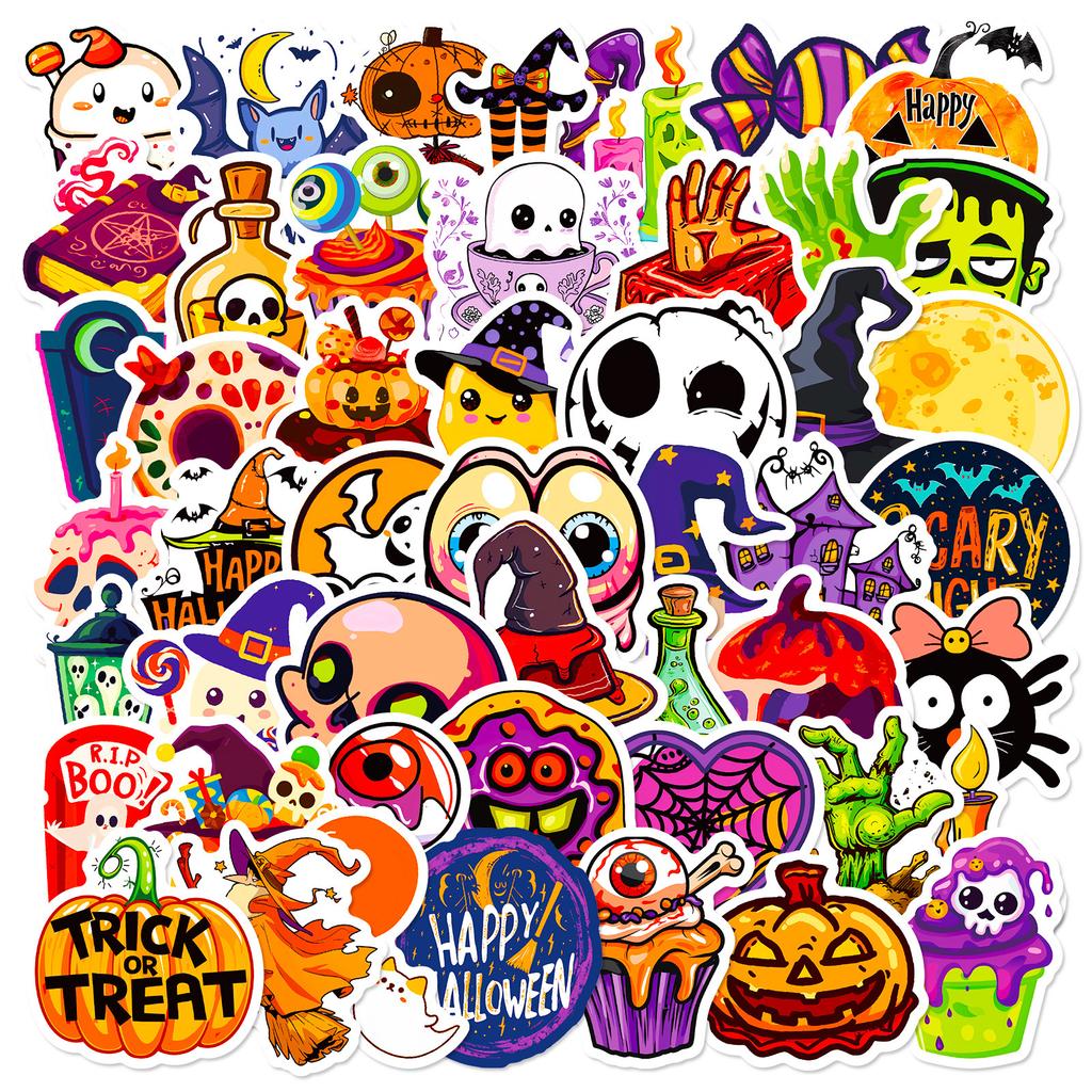 50pcs Halloween Stickers, Graffiti Cartoon Horror Decals, Decorative Waterproof Stickers for Water Cups and Trolley Cases Gifts