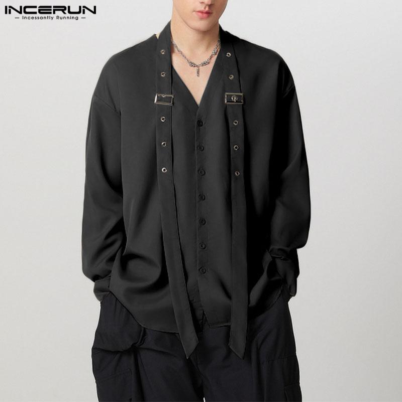 INCERUN Men V Neck Long Sleeve Patchwork Button Up Casual Loose Shirts
