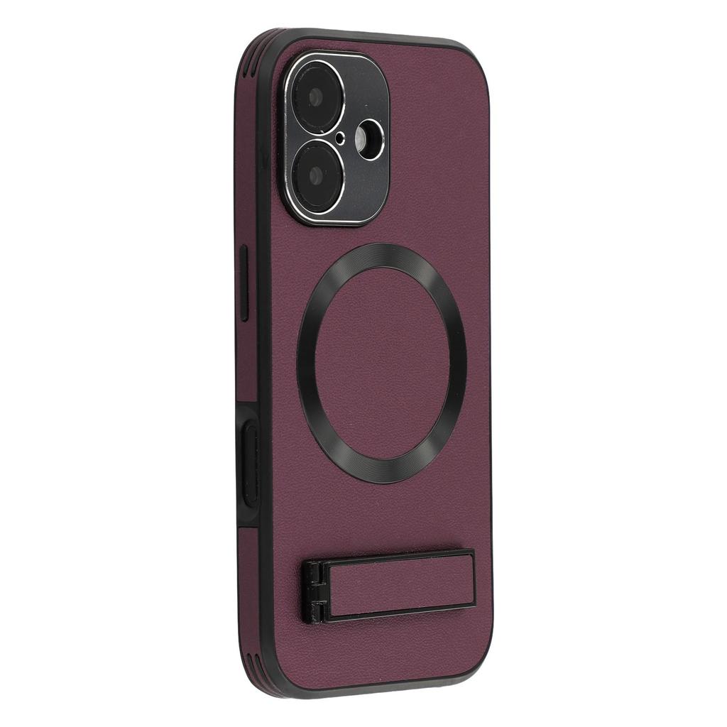 For iPhone 16 Kickstand Case Compatible with MagSafe PC+TPU+PU Phone Back Cover