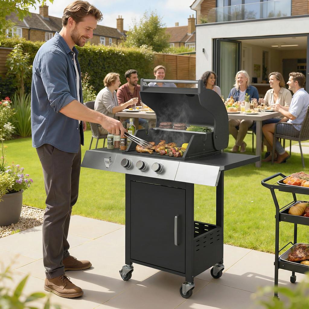Gas Barbecue with 3 Burners 8.1 kW Thermometer Grills Side Tables Cabinet and Wheels 109x50x109 cm Black