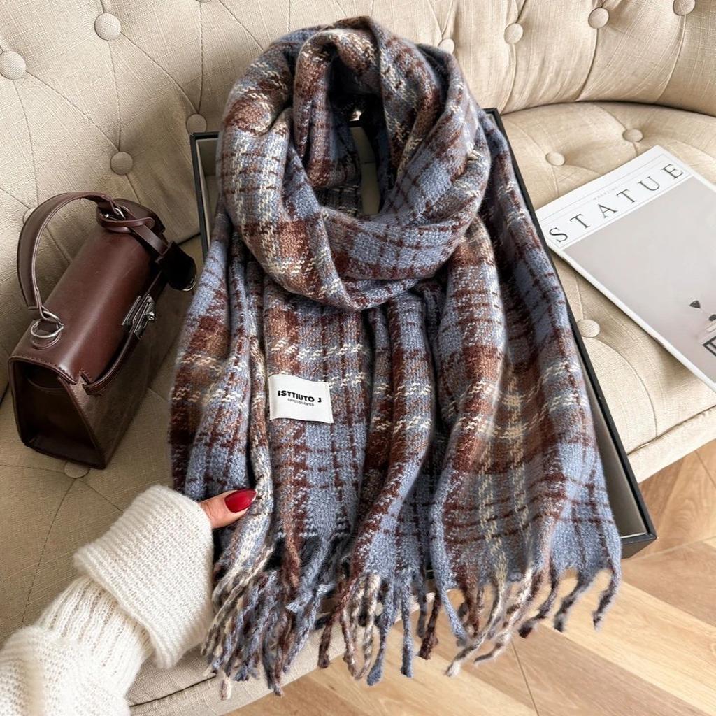 Cream Blue Plaid Scarf Female Korean Atmosphere Korean Version Versatile Winter Warm Windproof Couple Internet Celebrity Shawl Scarf