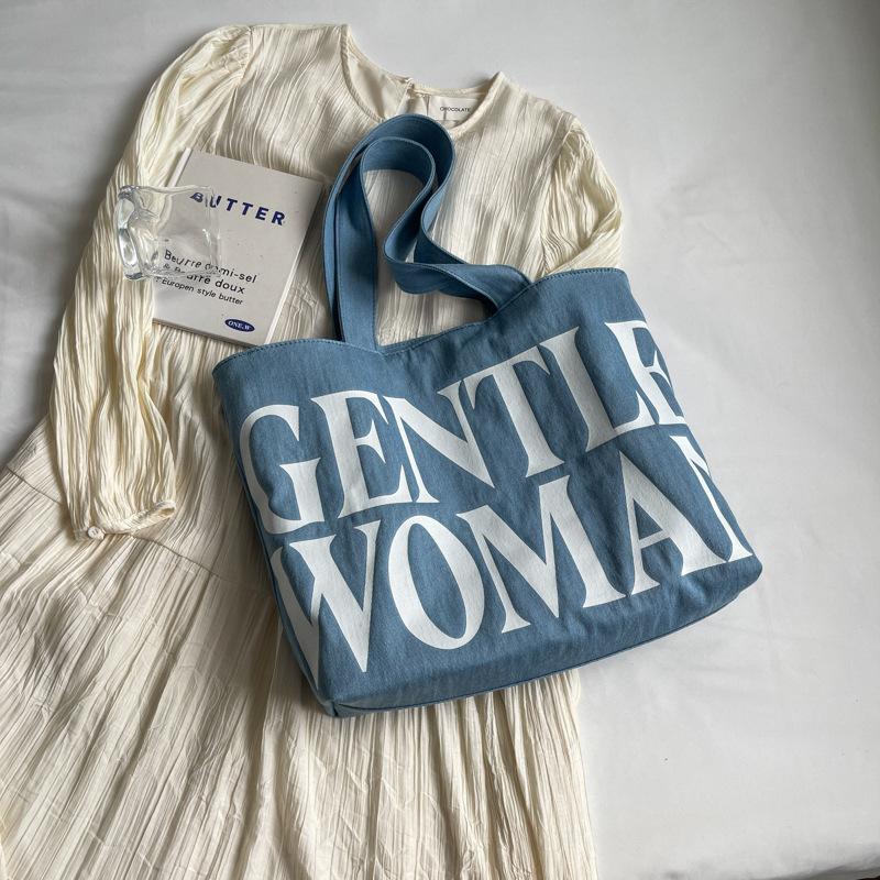 

Холщовая сумка с алфавитом, летняя мода 2025, новая коллекция, большая вместимость, на плечо, сумка-тоут для выхода, портативная сумка для покупок светло-синий