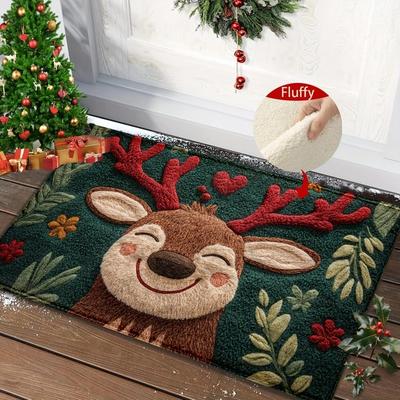 1pc Tapis de Bain Microfibre Cerf de Noël Moelleux - Sèche Rapidement & Absorbant, Design Festif de Vacances avec Baies Rouges & Feuilles Vertes