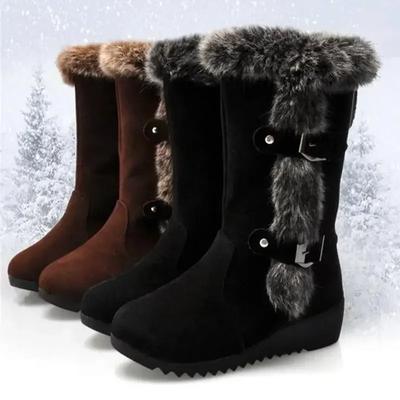 Winter Dames Laarzen Casual Warme Bont Mid-Kalf Laarzen Schoenen Dames Instapper Ronde Neus Sleehakken Sneeuwlaarzen Schoenen