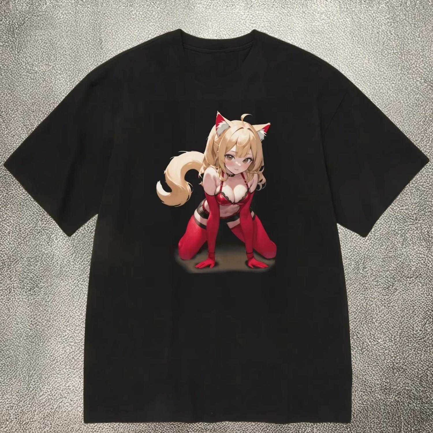 

2025 Summer Hot s Black 200g Cotton Crew - Neck Short - Sleeve T - Shirt with Cat - Eared Anime Girl Heat - Transfer Print S чёрный