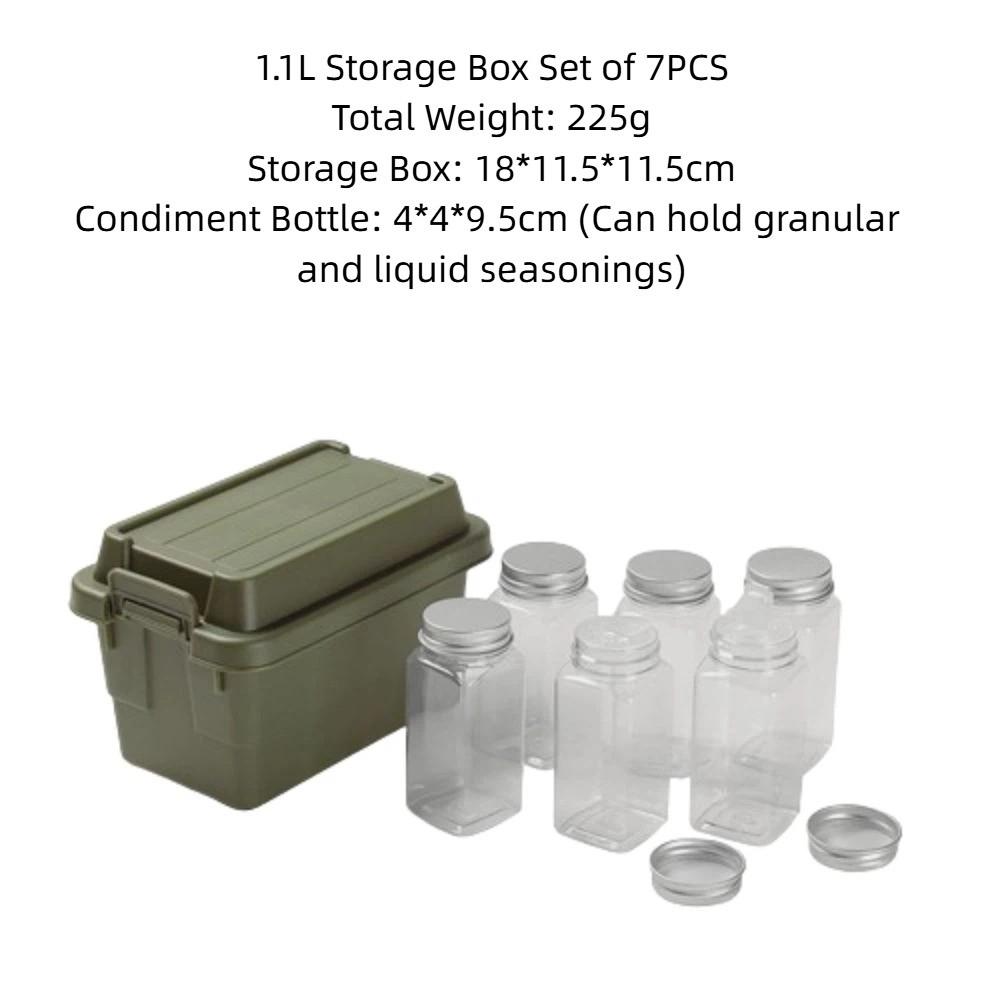 Plastic Camping Spice Kit Durable 1.1L/0.9L Camping Storage Box Large Capacity 6pcs Condiment Jar BBQ Utensils Organizer