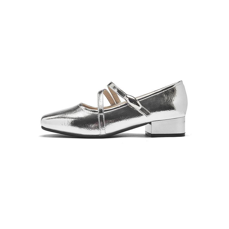 Augustine silver single shoes women's summer 2025 new French light mouth ballet with skirt thick heel Mary Jane sandals