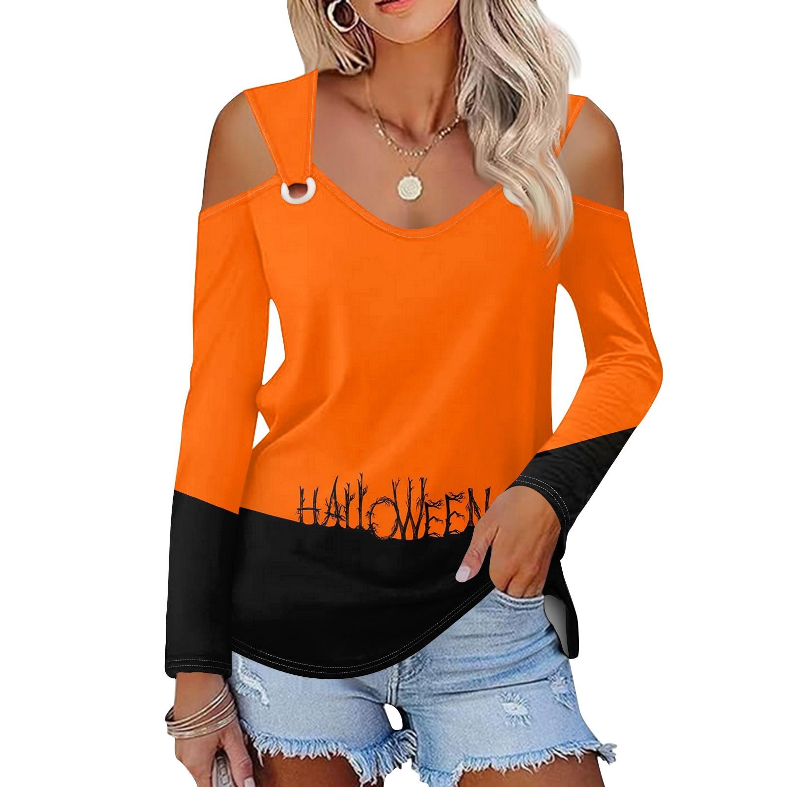 

Женская повседневная рубашка-блузка с принтом Хэллоуина, V-образным вырезом, сексуальным открытыми плечами, длинным рукавом XXL оранжевый