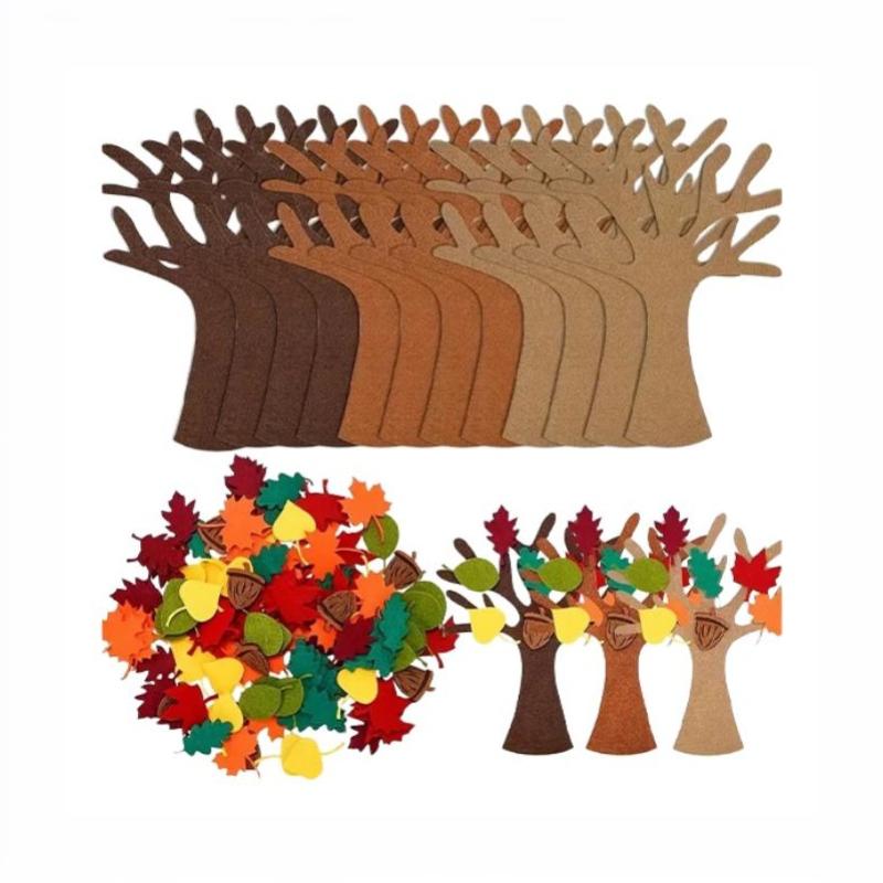 48Pcs Felt Tree Diy Craft Kit Autumn Leaf Non Woven Ornament Reusable Wall Hanging Decor For Thanksgiving Home Party