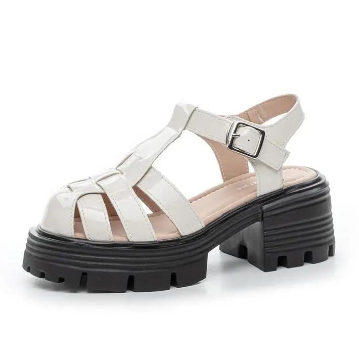 

7CM Patent Genuine Leather Chunky Sneakers Slippers Summer Platform Wedge Weaving Hollow Sandals Slipper Flats Pumps Women Shoes 39