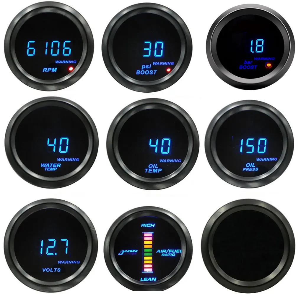 52mm Blue Backlight Digital Gauge Boost PSI BAR Oil Pressure Oil Water Temp Voltmeter Tachometer RPM Meter with Warning Light