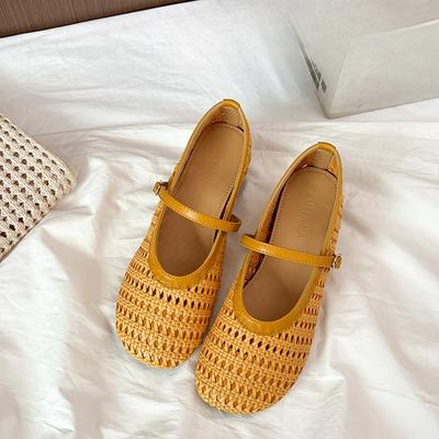 Sapatos Rasos Femininos Moda Bico Redondo Fivela Mocassins Respirável Retro Tecido Vazado Feminino Casual Sapatos Mary Jane