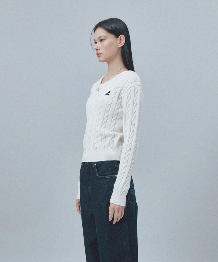 REST&RECREATION Cable V-Neck Knit Top - Ivory