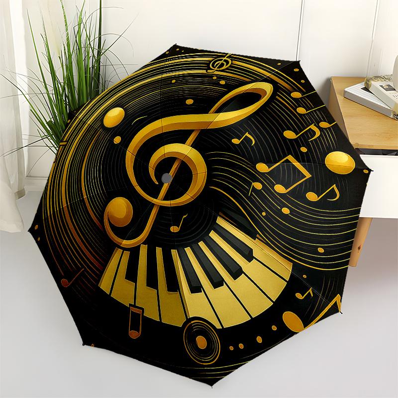 Golden Music Notes & Piano Keys Circular ArtPrintUmbrella, Portable 3-Fold Compact Umbrella for Men & Women Gift