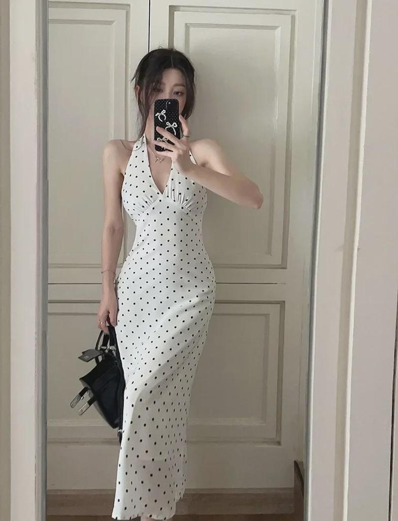2024 Korean-French Style Backless Lace-Up Polka Dot Halter Neck Long A-Line Summer Dress