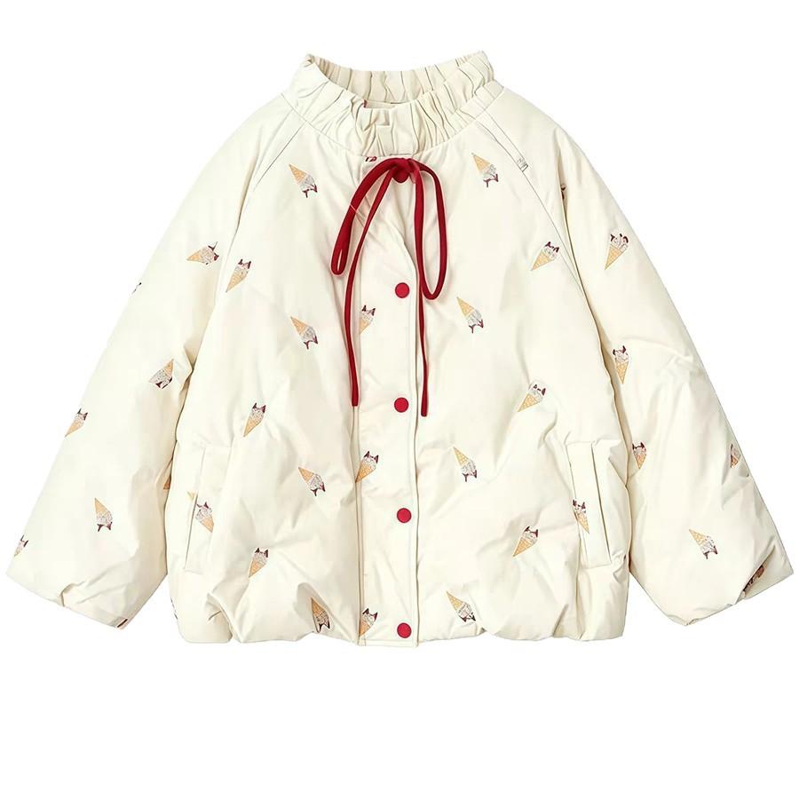 Down jacket women's winter new embroidery ice cream white duck down small loose thickened bread jacket tide