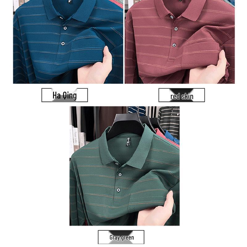 Hengyuanxiang Men's Casual Striped Long-Sleeve Polo T-Shirt with Pocket