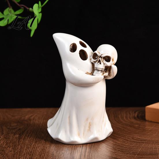 Vintage Style Ghost Statue Halloween Figurine with Skull Resin for Tabletop Decor Creative Holiday Gift Friends Retro Gothic Ornament Home