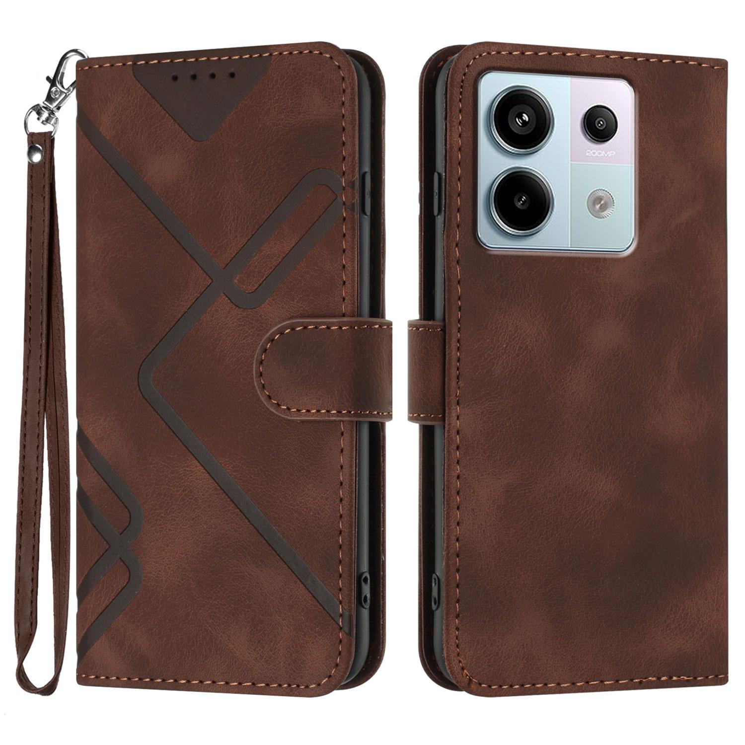 

For Xiaomi Poco X6 5G/Xiaomi Redmi Note 13 Pro 5G Wallet Case Line Imprinted PU Leather Phone Cover with Strap Brown