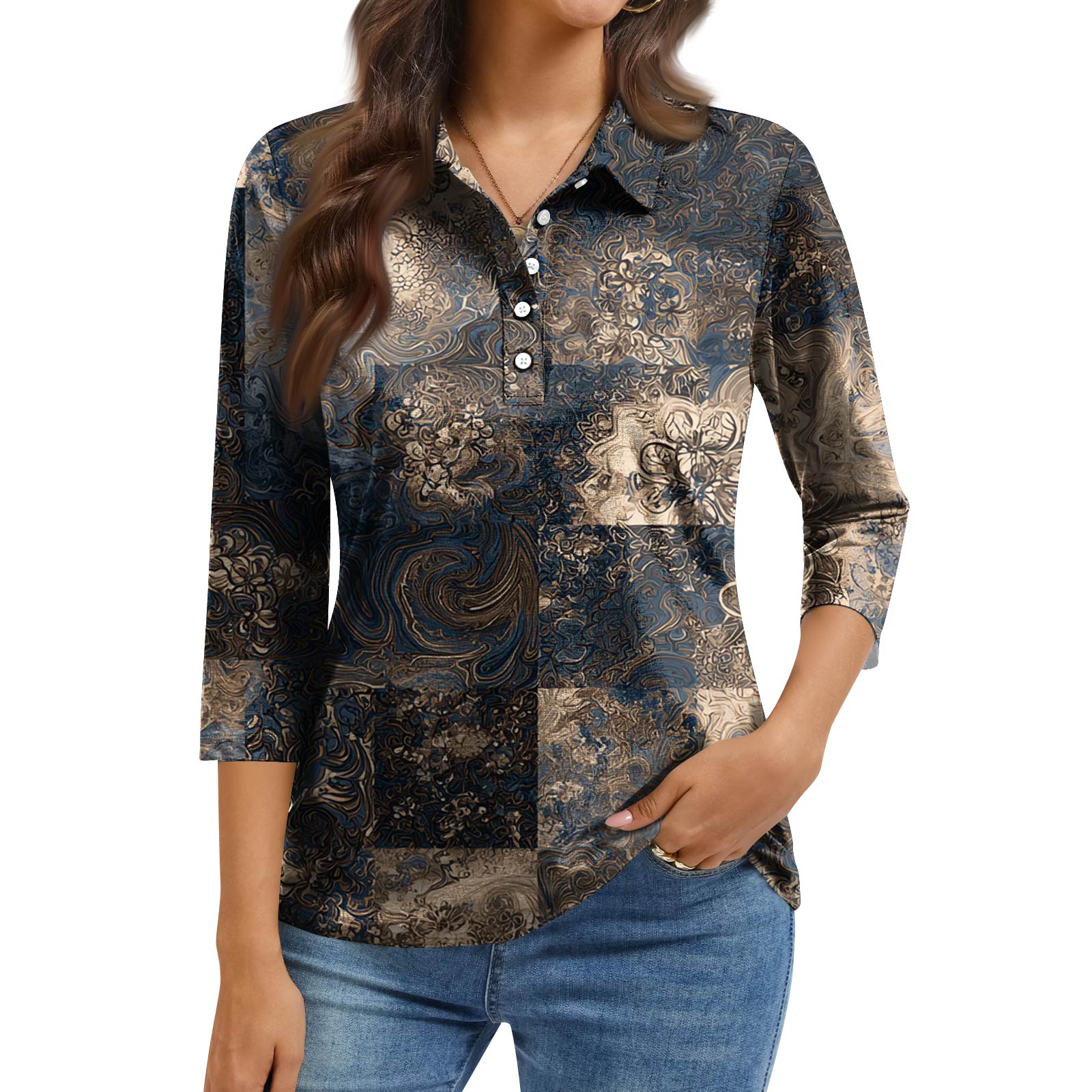 

Women s Fashion Casual Lapel Short 3/4 Sleeve Print Shirt Women s Button Up Tops M Темно-синій