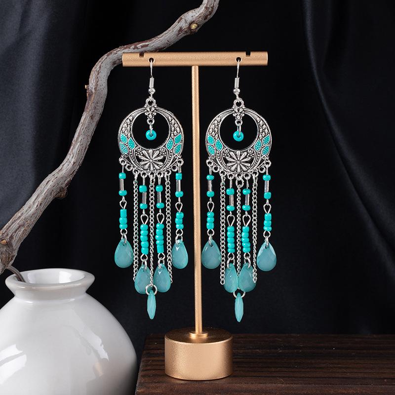 Super Fairy Tassel Long Retro Earrings Women'S Summer Ethnic Vacation Style Stud Earrings Water Droplets Colored Rice Beads Beaded Earrings
