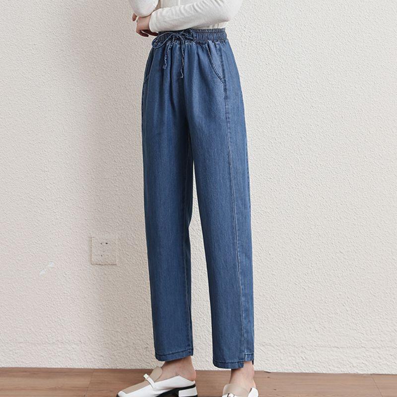 Small Plus Size Women Clothing South Korea Elastic High Waist Tencel Chubby Girl Thin Casual Loose Capri Harem Pants Jeans