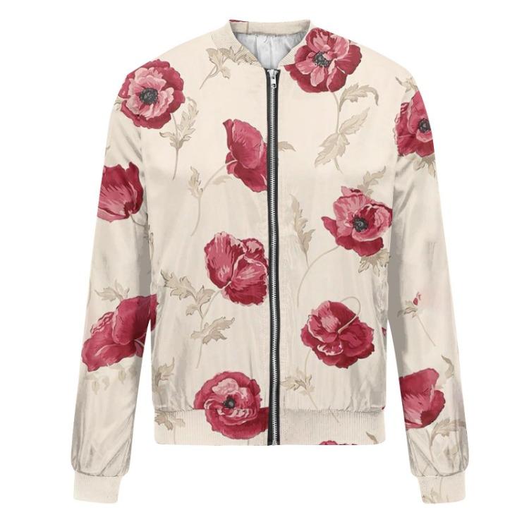 Women Floral Leaf Print Casual Long Sleeve Zipper Jacket Round Neck Fashionable