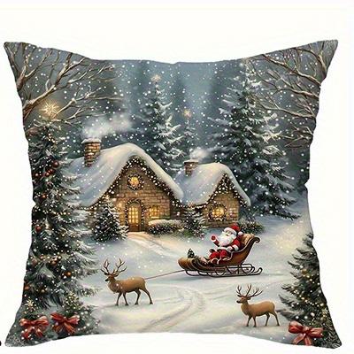 Home Decor Snowy Cottages, Santa & Deer Christmas Pillow Covers Pattern Cushion Cover Suitable For Sofa Bedroom Car Pillow Cover