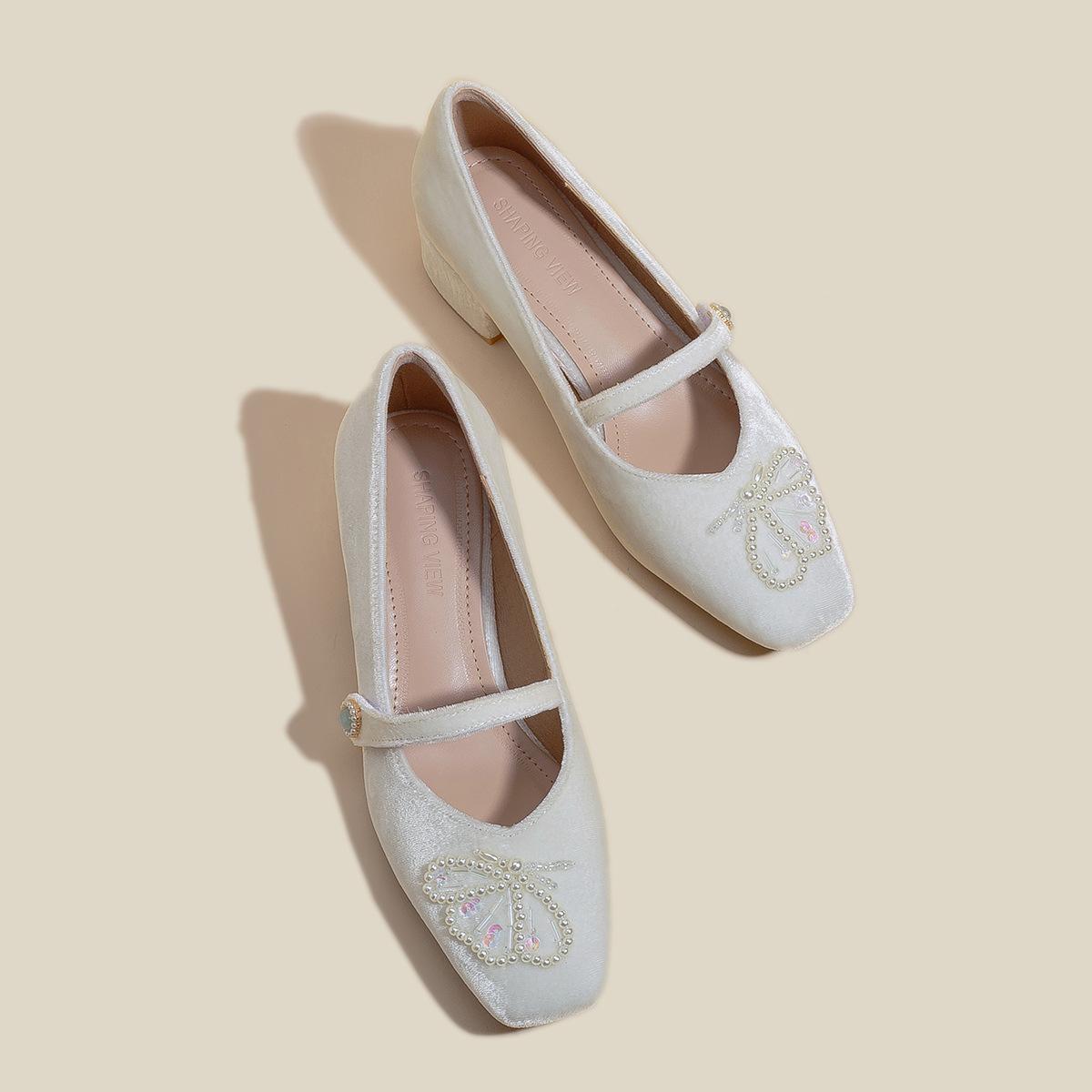 

Square head thick heel Mary Jane single shoes spring and summer new suede pearl fairy wind gentle Chinese cheongsam wedding shoes 35 абрикосовый