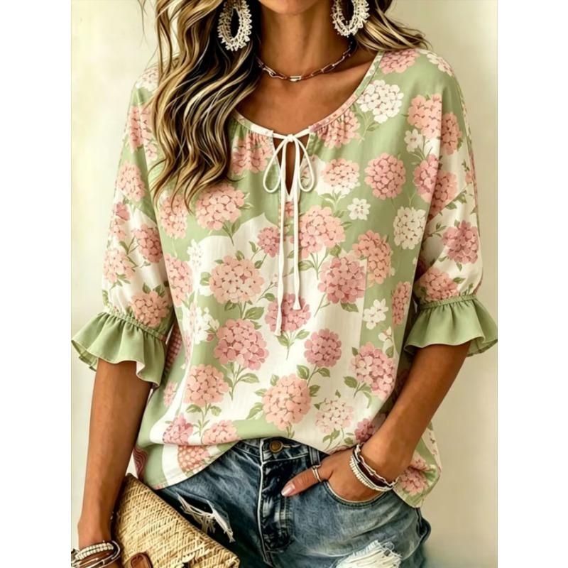 Women's Elegant Printed Lace-up Flared Top, Stylish and Versatile, Comfortable and Skin-friendly