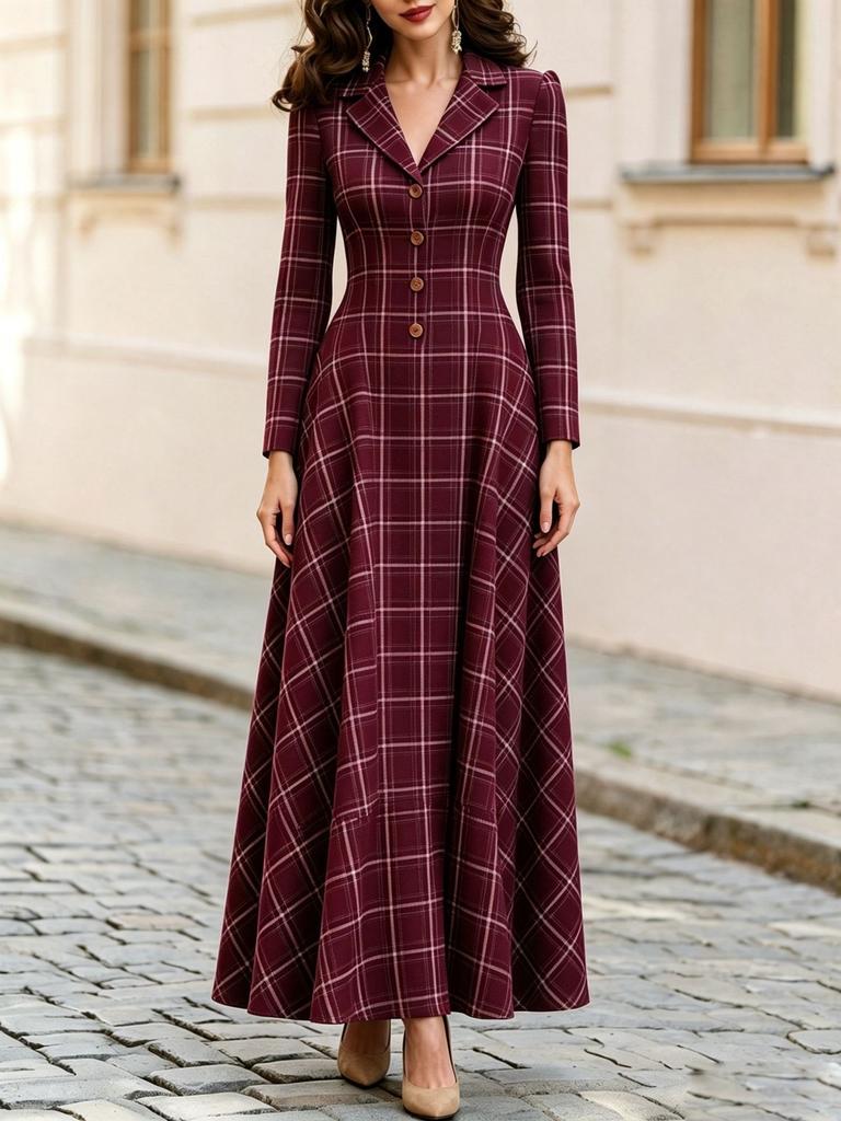 Spring and Autumn Temperament Elegant French Commuter Plaid Breasted Suit Dress Women's Long Dress