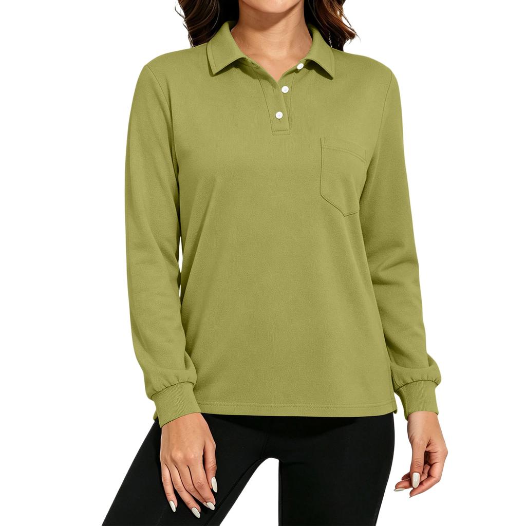 Women's Long Sleeve Button Down Color Blouse with Pockets and Side Slits Casual Collared Top