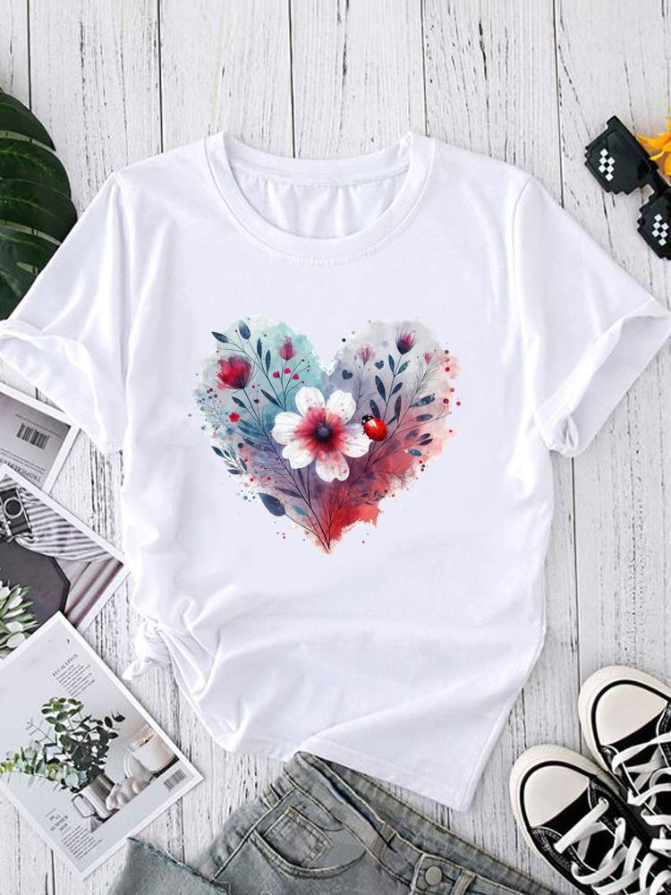 (Asiatische Größe) Trend Aquarell Blume Rundhals Kurzarm T-Shirts Mode Damen Freizeitkleidung Damen Oberteil T-Shirt Bedrucktes Grafik-T-Shirt