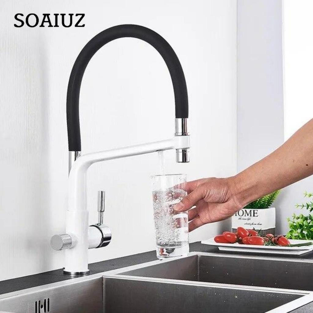 Filter Kitchen Faucet Black Dual Spout Drinking Water Faucet Mixer 360 Degree Rotation Hot Cold Water Purification Feature Tap