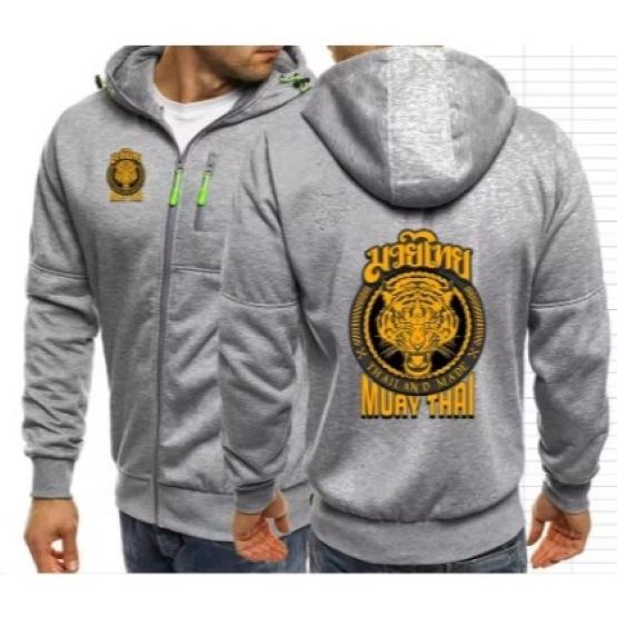Tiger Muay Thai Kickboxing Boxing MMA UFC Jacket Hood Sweatshirt Long Sleeve Unisex Men Women Zip Gym Fitness Workout Print Training