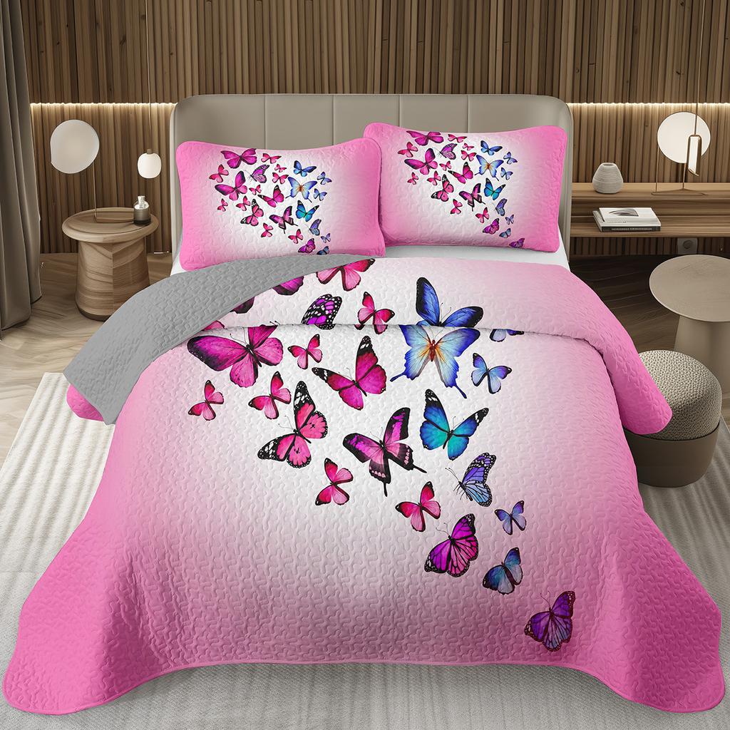 Butterfly Bedspread Twin/Queen/King Watercolor Botanical Floral Coverlet Fantasy Style Bedding Set Reversible Quilted Bedspreads