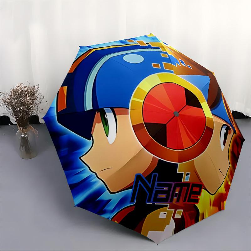 1PC Mega Man PixelArt RetroGaming - Custom Name Automatic Folding Umbrella - Compact 8-Rib Design, Durable Plastic & Iron, Daily Use S0106048