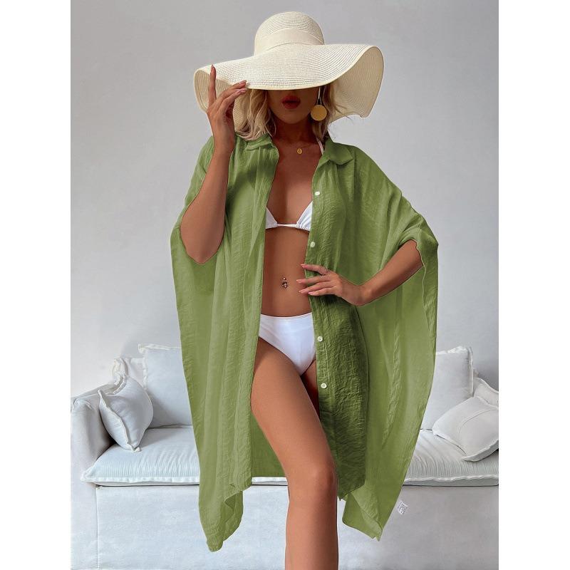 Loose Shirt-Style Beach Cover-Up | Vacation Kimono for Bikini, Long Length Solid Color with Lapel Collar
