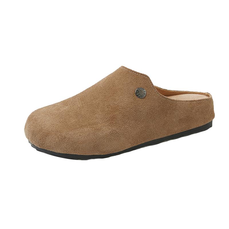 Fashion Women's Fashion Baotou Flat Shoes Spring New Round Head Deep Mouth Suede Rivet Anti-slip Wear-resistant Slippers