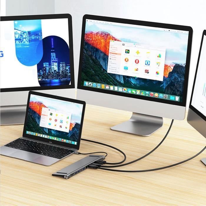 Adaptateur USB-C vers Double HDMI 4K, VGA avec Port USB 3.0, PD 100W, Ethernet, Lecteur de Carte SD-TF, Hub 12 en 1 pour MacBook