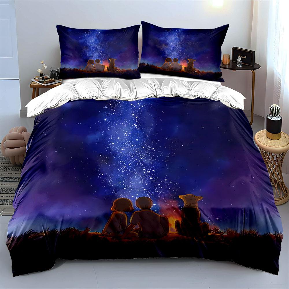 Starry Night Camping Scene Bedding Duvet Cover Set Duvet Cover Pillowcases  (1*Duvet Cover 2*Pillowcases, without duvet insert)