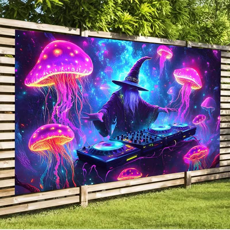 Neon DJ Wizard & Jellyfish Tapestry, Psychedelic Space Wall Art for Bedroom & Music Events
