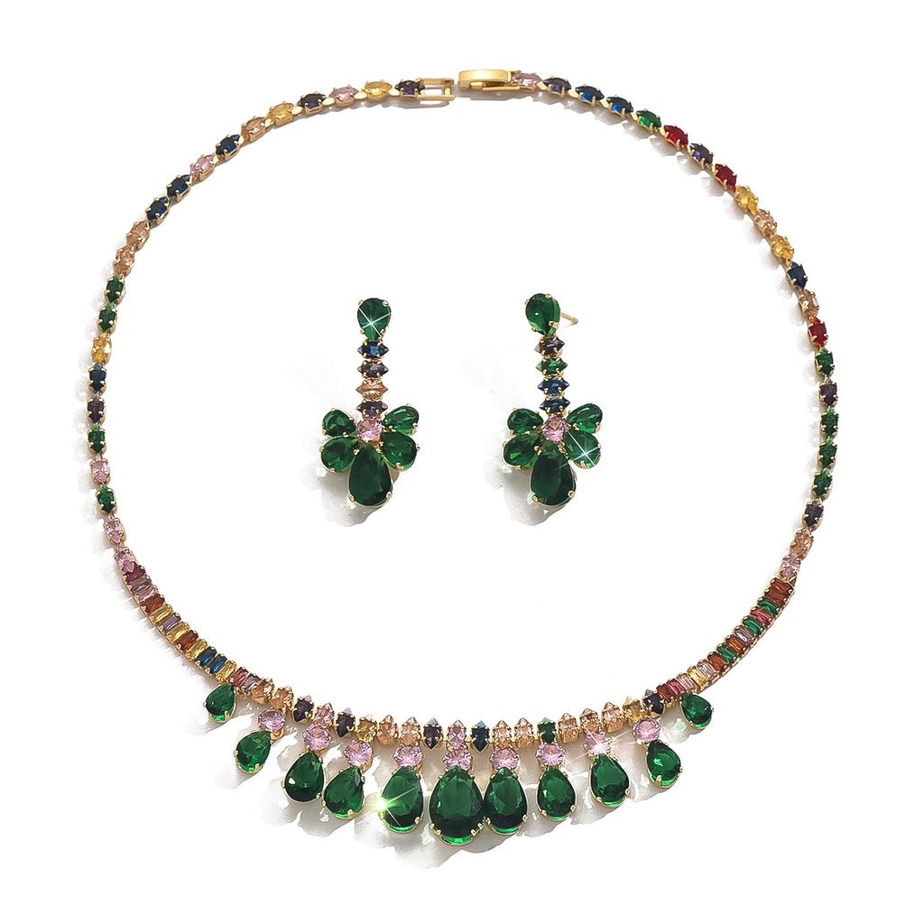 3PC Women's Fashion Zircon Water Drop Necklace Earrings Zircon Set Design Sense Wedding Party Festival Gift-8563