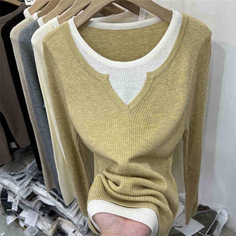 Fake Two-piece Neck Knitted Bottoming Shirt Women's Spring New Contrasting Color Soft Waxy Inner Top Sweater