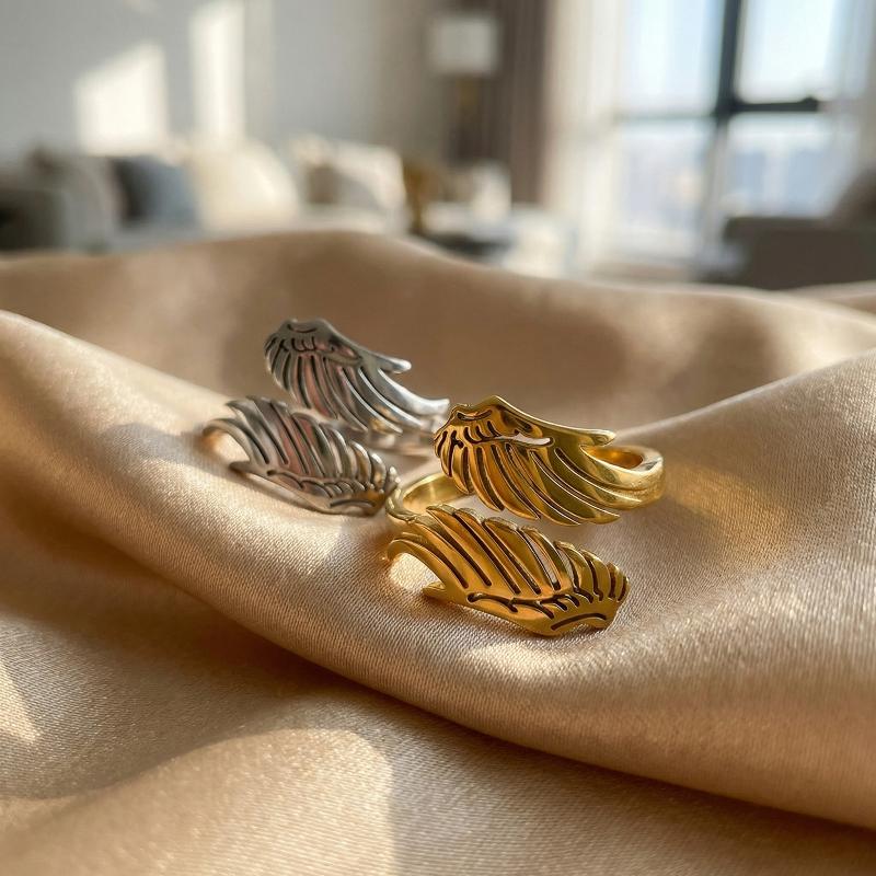 Stainless Steel Angel Wing Ring Opening Adjustable Feather Jewelry Suitable For Men Women Couples Anniversary Gifts